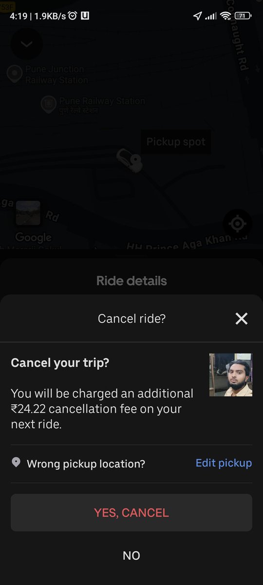iRRSwain's tweet photo. So now when I decided to cancel the ride because of your driver's idiotic behaviour. Then how can you @Uber_India @Uber_Support asking me to add cancellation fee on another ride. This is absolutely pathetic. Can't acceptable this illicit behaviour. https://t.co/stVID3MeJC
