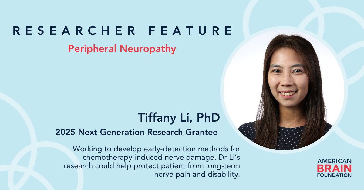 ABFbrain's tweet image. Meet 2025 Next Generation Research Grant recipient Tiffany Li, PhD. She will work with cancer patients to establish new biomarkers for chemotherapy-induced peripheral neuropathy (#CIPN). Funded with @foundationforpn and @AANMember. ow.ly/r11t50WiG8y