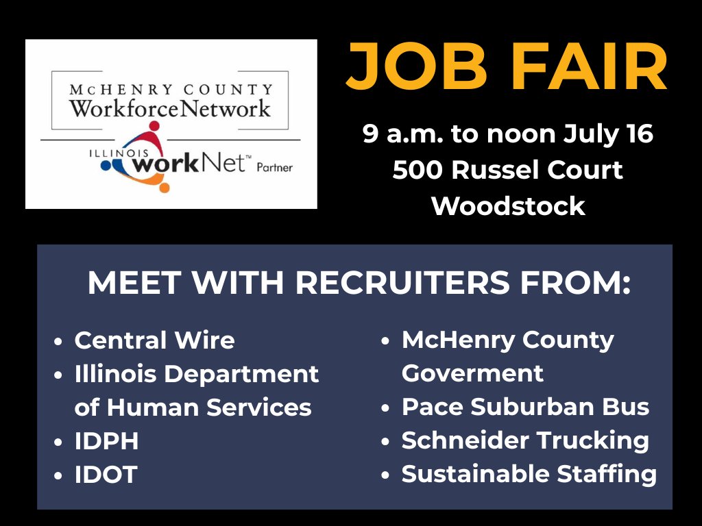 Looking for a job? Be sure to polish your resume and attend the McHenry County Workforce Network's upcoming job fair from 9 a.m. to noon July 16 at their headquarters at 500 Russel Court in Woodstock! <a href="/McHWkfrceNtwk/">McHenry Workforce</a>