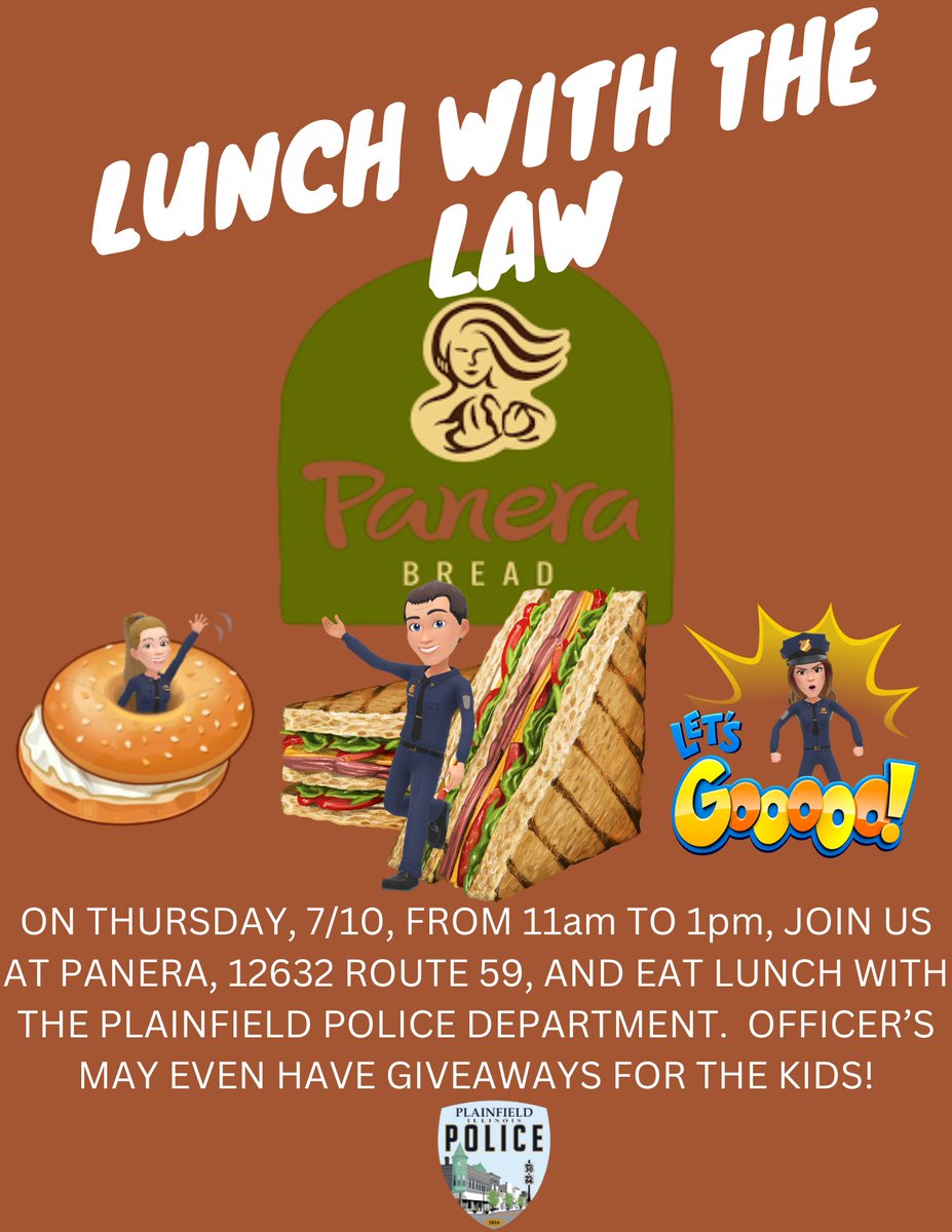 Remember, tomorrow is Lunch with the Law!  All day at Panera provide your cashier with the below flyer and a portion of your proceeds will go towards the Plainfield DARE program.  See you there!