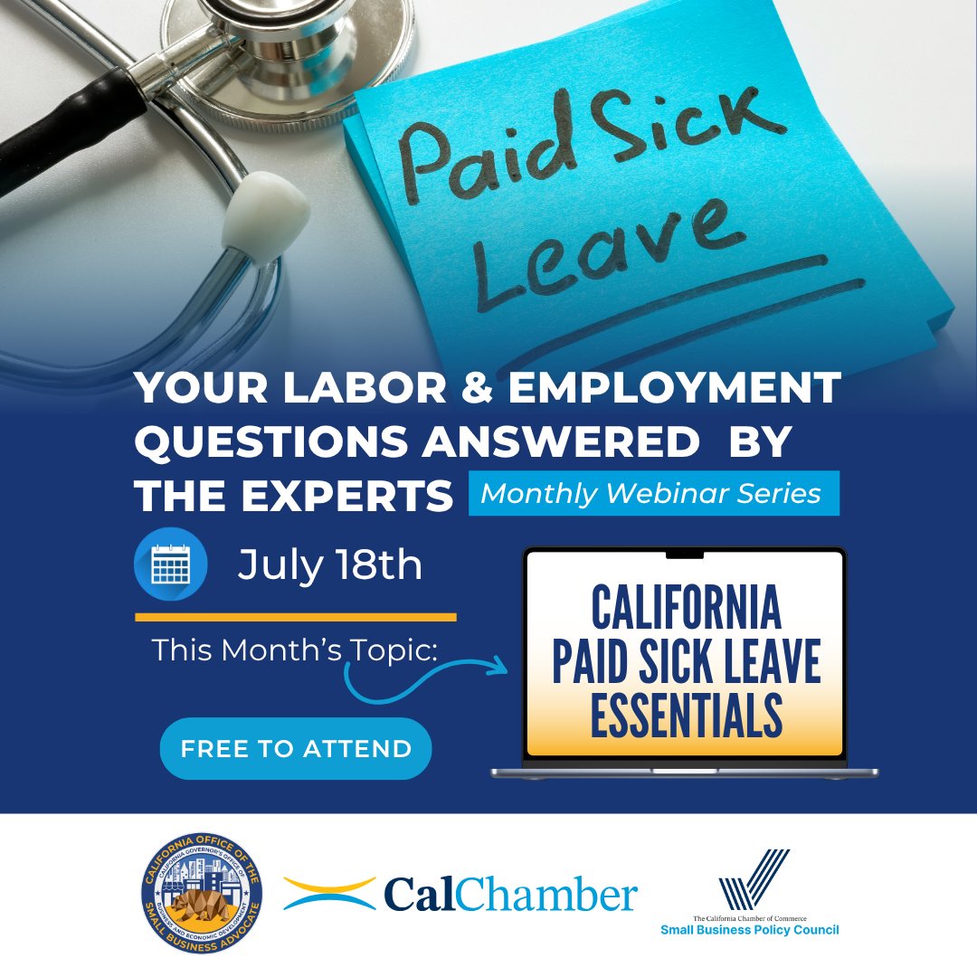 CaliforniaOSBA's tweet image. ๐ข New FREE webinar drops July 18!
California #PaidSickLeave Essentials
Learn how to comply with CAโs paid sick leave lawโusage, payment, local ordinances & more.
๐ฅ Watch free on our website & YouTube
๐ฃ Presented by #CalOSBA, @CalChamber, & the Small Business Policy Council