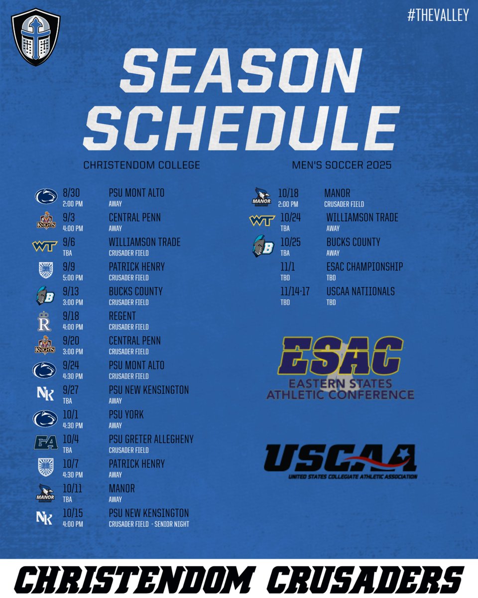 🚨SCHEDULE RELEASED🚨
The Crusaders' 2025 schedule is out!!!
Looks like another very competitive season, but the Crusaders are up to the challenge as they will play against 2⃣ teams who qualified for nationals last year in addition to a NCAA D3 opponent!
⚽️🔵⚪️
#THEVALLEY