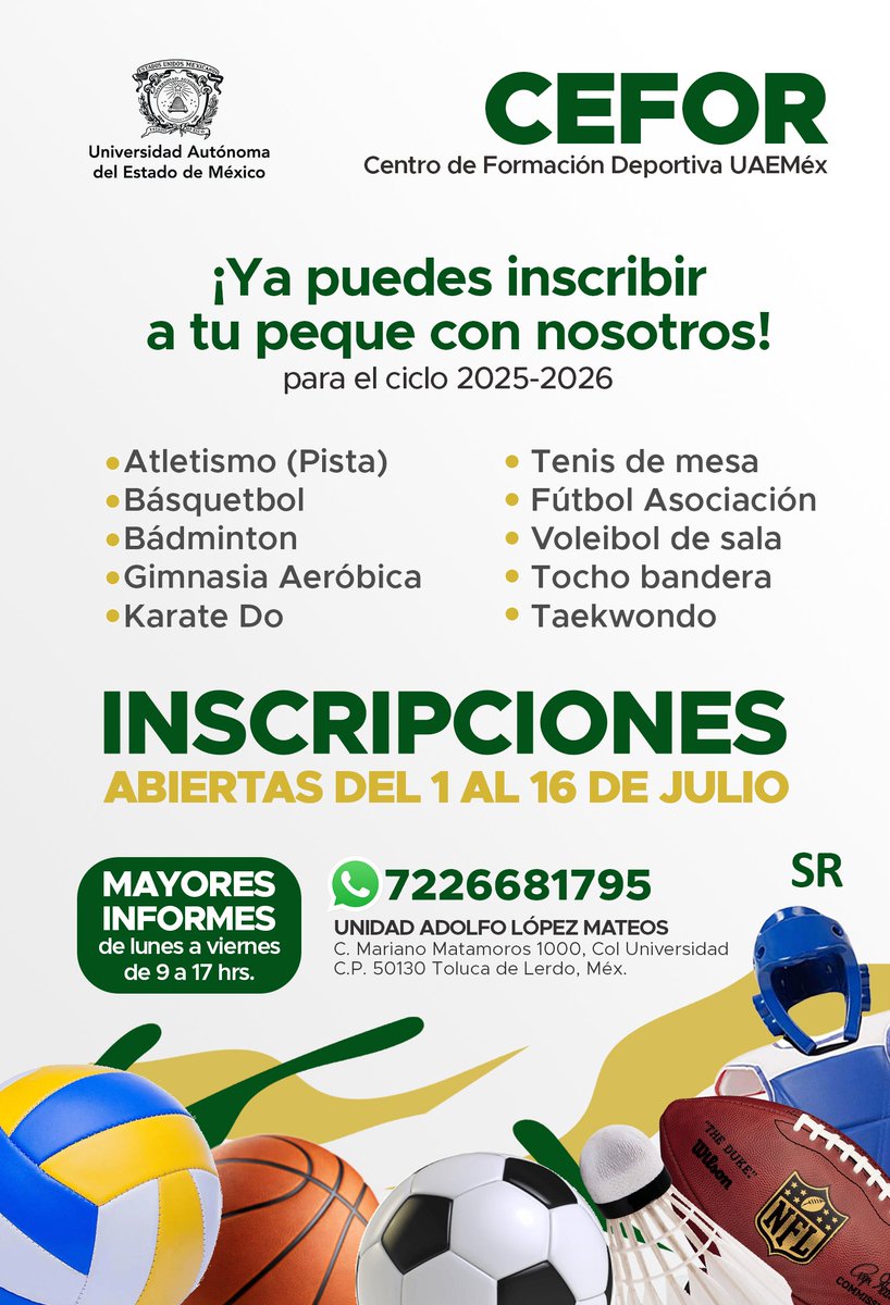 🏃♀️🏀 ¿Quieres que tus hijas e hijos formen parte de la comunidad deportiva de la UAEMéx?
El Centro de Formación Deportiva ofrece actividades como para menores de 6 a 17 años de edad. 
🗓️ Inscripciones abiertas del 1 al 16 de julio