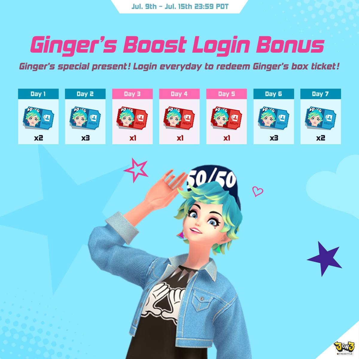 3on3FreeStyle's tweet image. Ginger’s got a gift for you! Log in every day and score Ginger’s Box Tickets! It’s that easy!
📅 Event Period: Jul 9 – Jul 15 (PDT)
#videogame #StreetBasketball #3on3freestyle