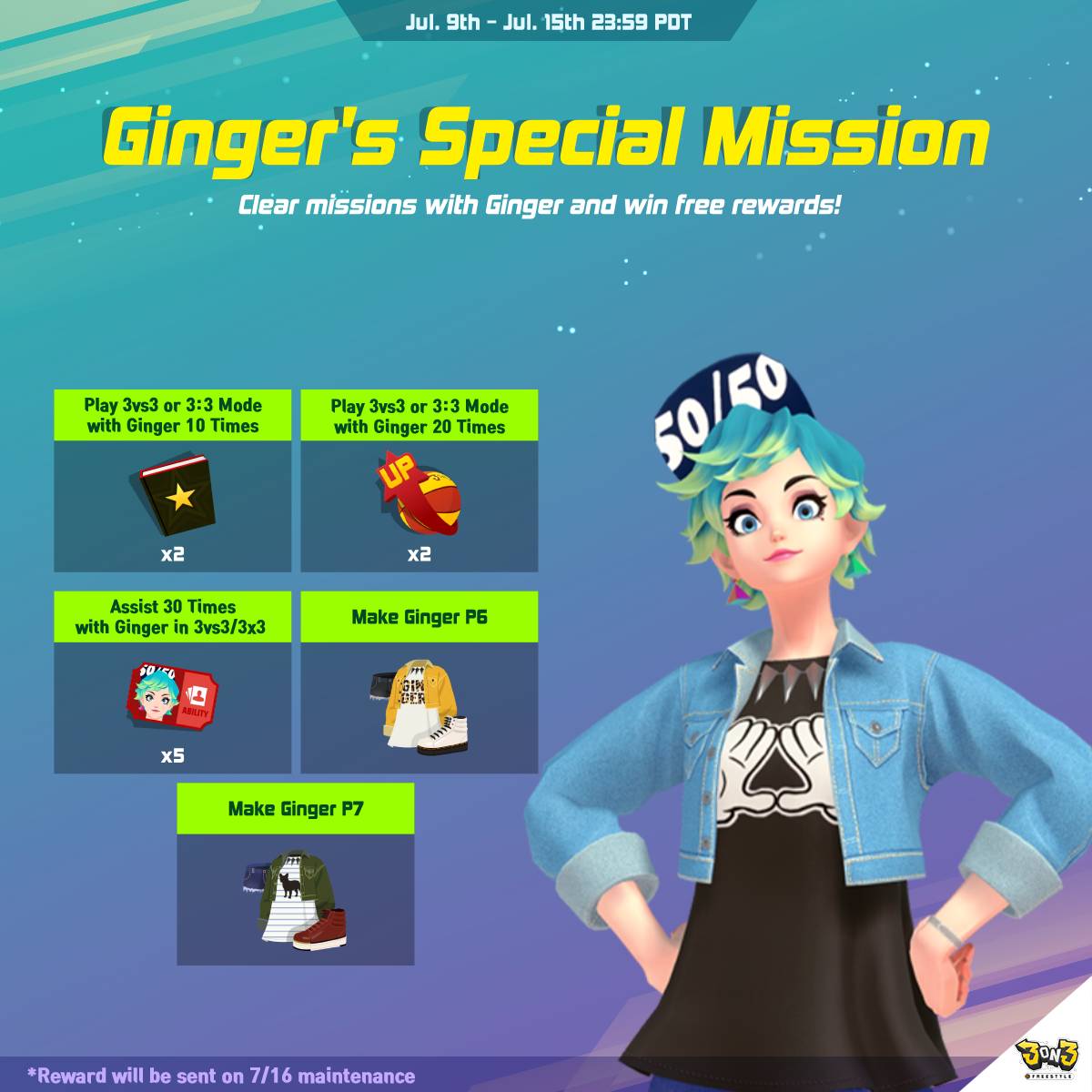 3on3FreeStyle's tweet image. Join Ginger’s Special Mission and grab exclusive rewards! Play matches, assist with Ginger, and power her up to unlock limited-edition costumes and more!
📅 Event Period: 07/09 - 07/15 23:59 (PDT)
🏅 Reward: 7/16 maintenance
#videogame #StreetBasketball #3on3freestyle