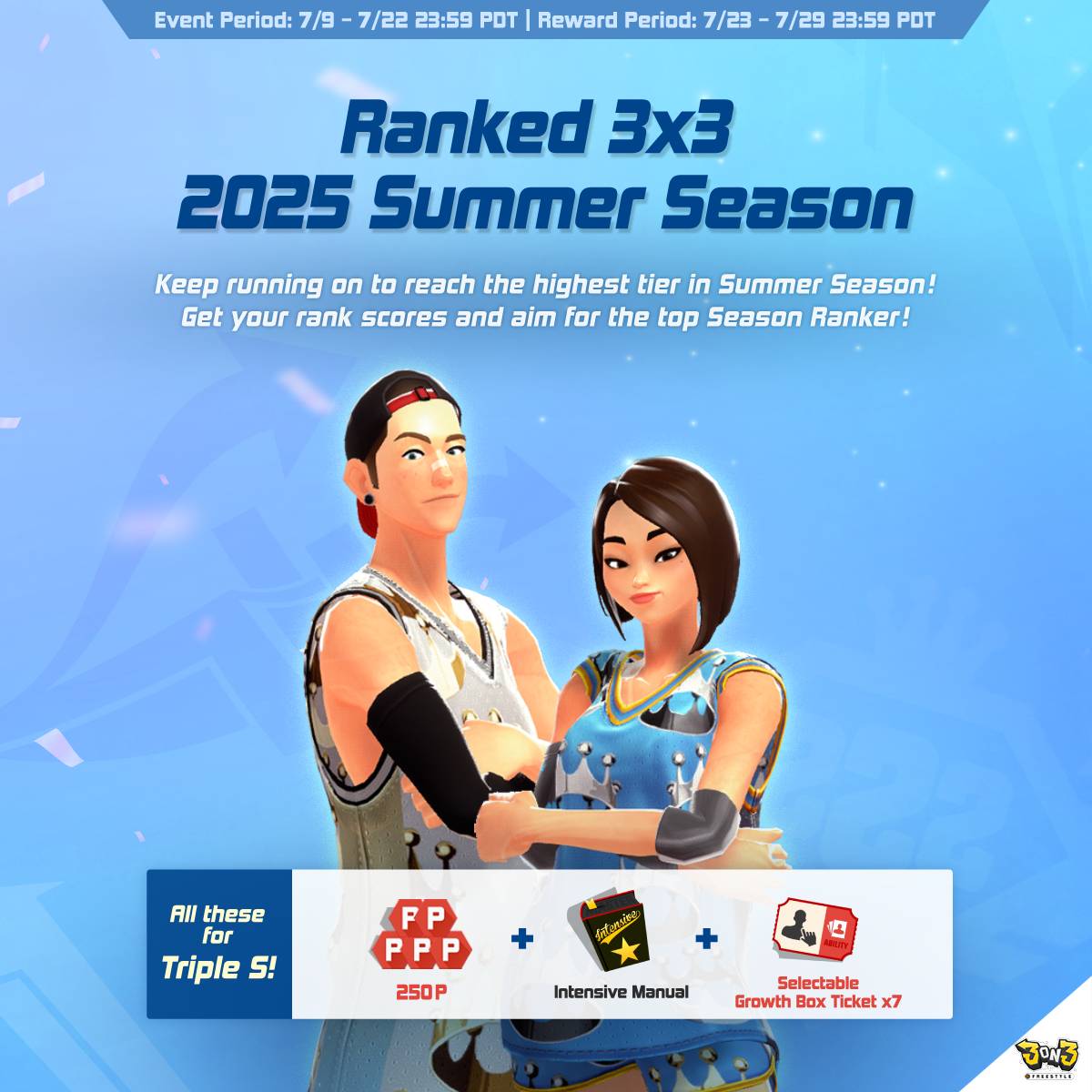 3on3FreeStyle's tweet image. The ultimate challenge for FS fanatics is here in the Ranked 3x3 2025 Summer Season. Play ranked 3x3 matches, aim for the top, and enjoy special rewards along the way!
📅 Event: 07/09 - 07/22 (PDT)
🏅 Reward: 07/23 - 07/29 (PDT)
#videogame #StreetBasketball #3on3freestyle