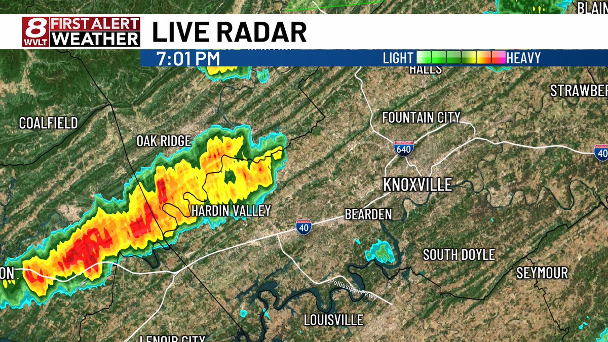 Here's a view of the storms over Anderson, Roane, Loudon and west Knox from our downtown camera and First Alert Doppler Radar.
Heads up Farragut into west and central Knox county. Heavy rain and lightning on the way! <a href="/WVLTWeather/">WVLT Weather</a> <a href="/wvlt/">wvlt</a>