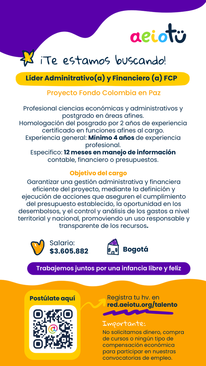 📢 ¡En aeioTU buscamos un(a) Líder Administrativo(a) y Financiero(a)!📍 Bogotá

Postúlate aquí 👉 red.aeiotu.org/talento

#TalentoaeioTU #ConvocatoriaLaboral #Bogotá #PrimeraInfancia