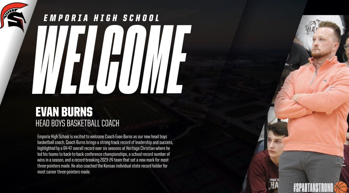 Emporia High School is excited to welcome Evan Burns as our new Head Boys Basketball Coach. Coach Burns brings great energy, passion, and knowledge to the program, and we look forward to the future of Spartan Basketball under his leadership. #SpartanHoops