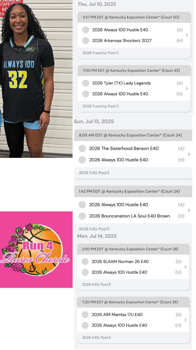 Here is my schedule for Run 4 The Roses. Come check me out tomorrow. Friday and Saturday will be bracket play and I will update my game times. 
<a href="/vjhAlways100/">Always 100</a> <a href="/Always100_TMH/">Always 100 Basketball</a> <a href="/PGHIndiana/">Prep Girls Hoops Indiana</a> <a href="/coachbeckett/">IGBRR Hoops</a> <a href="/FHSLadyTigersBB/">FHS Girls Basketball</a> <a href="/CoachChrisPaul/">CP</a> <a href="/bball_chasers/">DreamChasersBball</a>