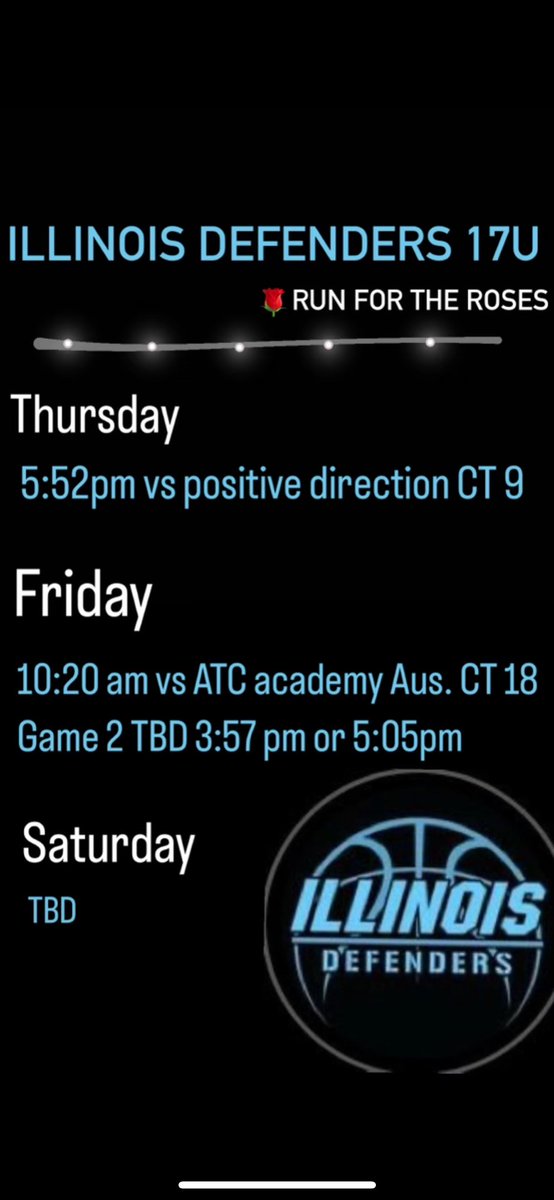 Here’s my schedule for <a href="/TFNsRun4Roses/">TFN's Run 4 Roses</a> Tournament! 

<a href="/ILDefenders/">Illinois Defenders</a>