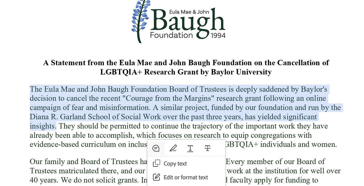 An addendum--in its statement today decrying Baylor's decision to return the grant, the Baugh foundation notes that it has provided a similar grant to Baylor in the past without controversy. 

So it sounds like the grant return was not a principled stand but simply because this