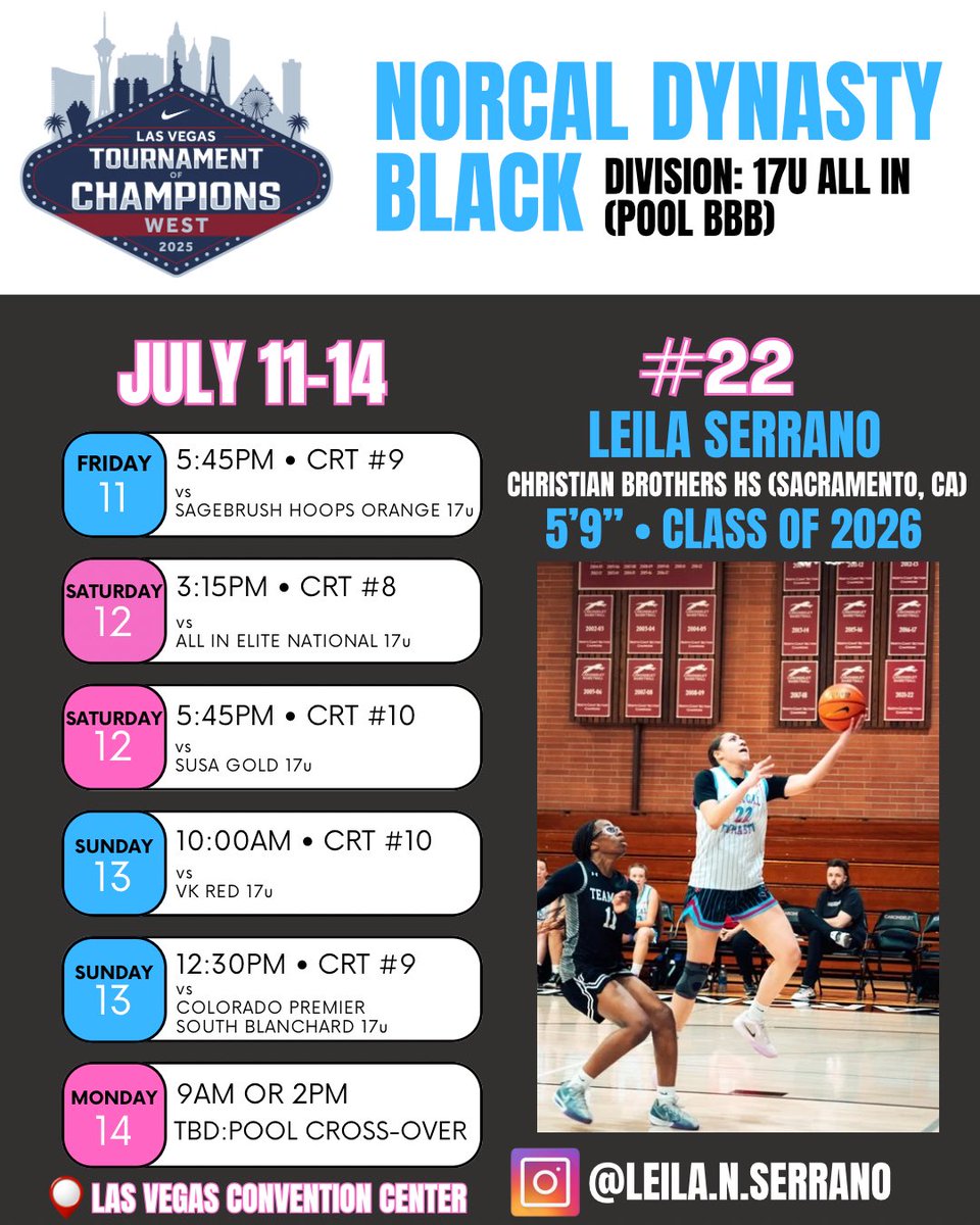 🚨College Coaches🚨here is Class of 2026 Guard/Forward, Leila Serrano (Christian Brothers HS/Lady NorCal Dynasty Black) Nike TOC West, Las Vegas Schedule (July 11-14)

2024-2025 HS Season Stats via @maxpreps 
6.7 PP/G
4.2 RB/G
1.0 AST/G
2.1 STE/G

CVC All-League 2nd Team.