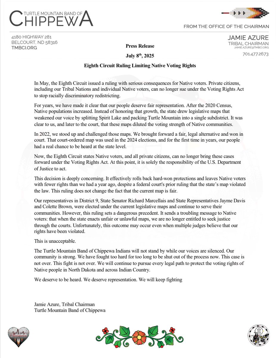 "Deeply concerned about the recent court decision impacting Native voting rights. This ruling undermines fair access to the ballot box and disproportionately affects Indigenous communities. We must protect every citizen's right to vote. #NativeVote #VotingRights #TmProud