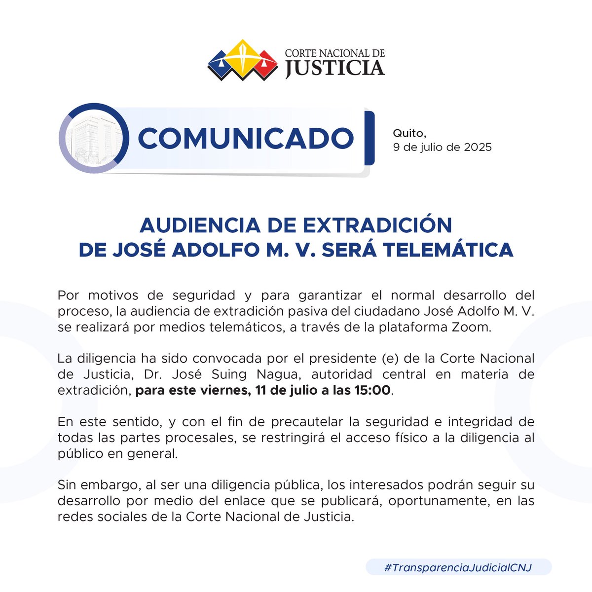 🚨 #ATENCIÓN 

📌 Audiencia de extradición de José Adolfo M. V. será telemática. 

Te contamos más aquí ⬇️