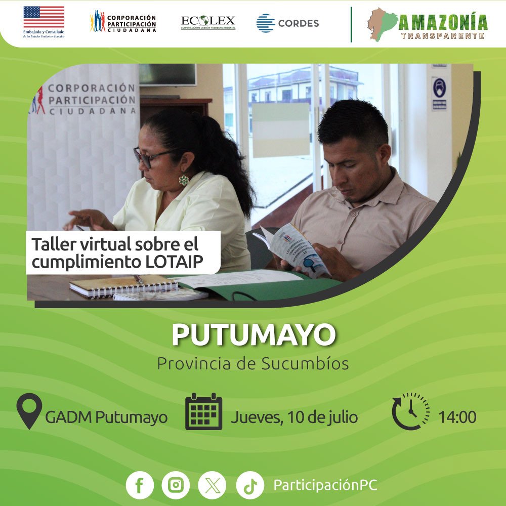 📝 #TallerLotaip 
Te contamos que mañana capacitaremos a los miembros del  Comité de Transparencia del GAD Municipal de Putuyamo, de Sucumbíos, sobre el adecuado cumplimiento de la Ley de Transparencia y Acceso a la Información pública.

⏰ 14:00
✅ #AmazoníaTransparenteEc