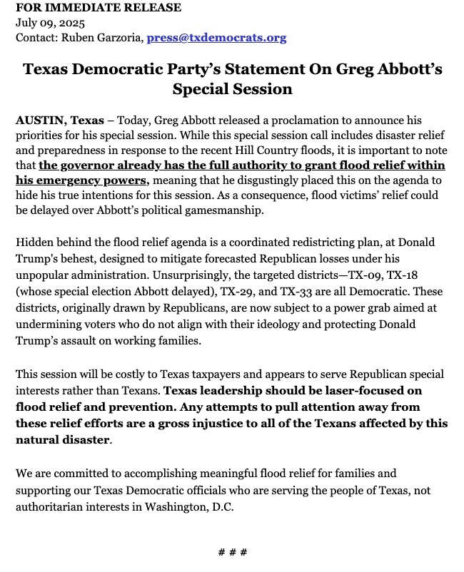 Texas Democratic Party's Statement on Greg Abbott's Special Session Proclamation