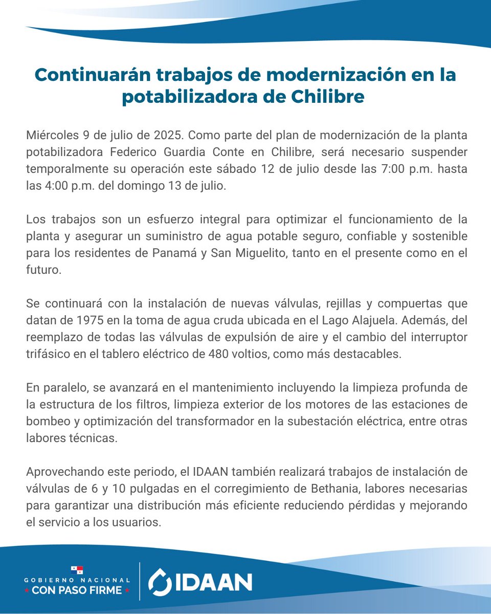 📢Para continuar el plan de modernización de la potabilizadora de Chilibre se suspenderá temporalmente su operación este sábado 12 de julio a partir de las 7:00 de la noche hasta las 4:00 de la tarde del domingo 13 de julio.

Seguimos trabajando para todos los panameños 💧