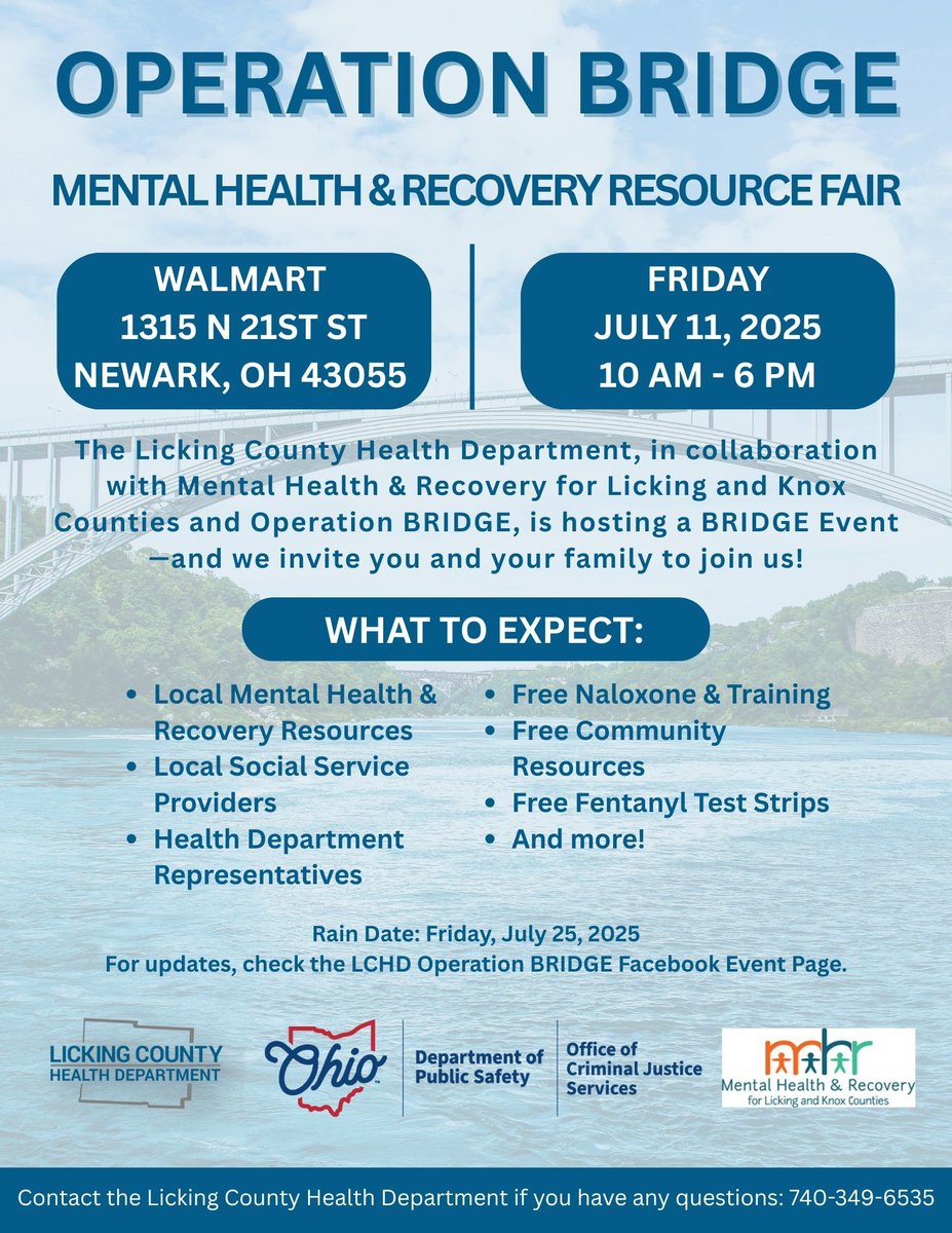 🎉 TODAY is the Day! 🎉 Come out to the Operation BRIDGE: Mental Health &amp; Recovery Resource Fair

📅 Friday, July 11, 2025
🕙 10:00 AM – 6:00 PM
📍 Walmart – 1315 N 21st Street, Newark, OH 43055

Drop in any time—there's something for everyone!
Let’s support each other and