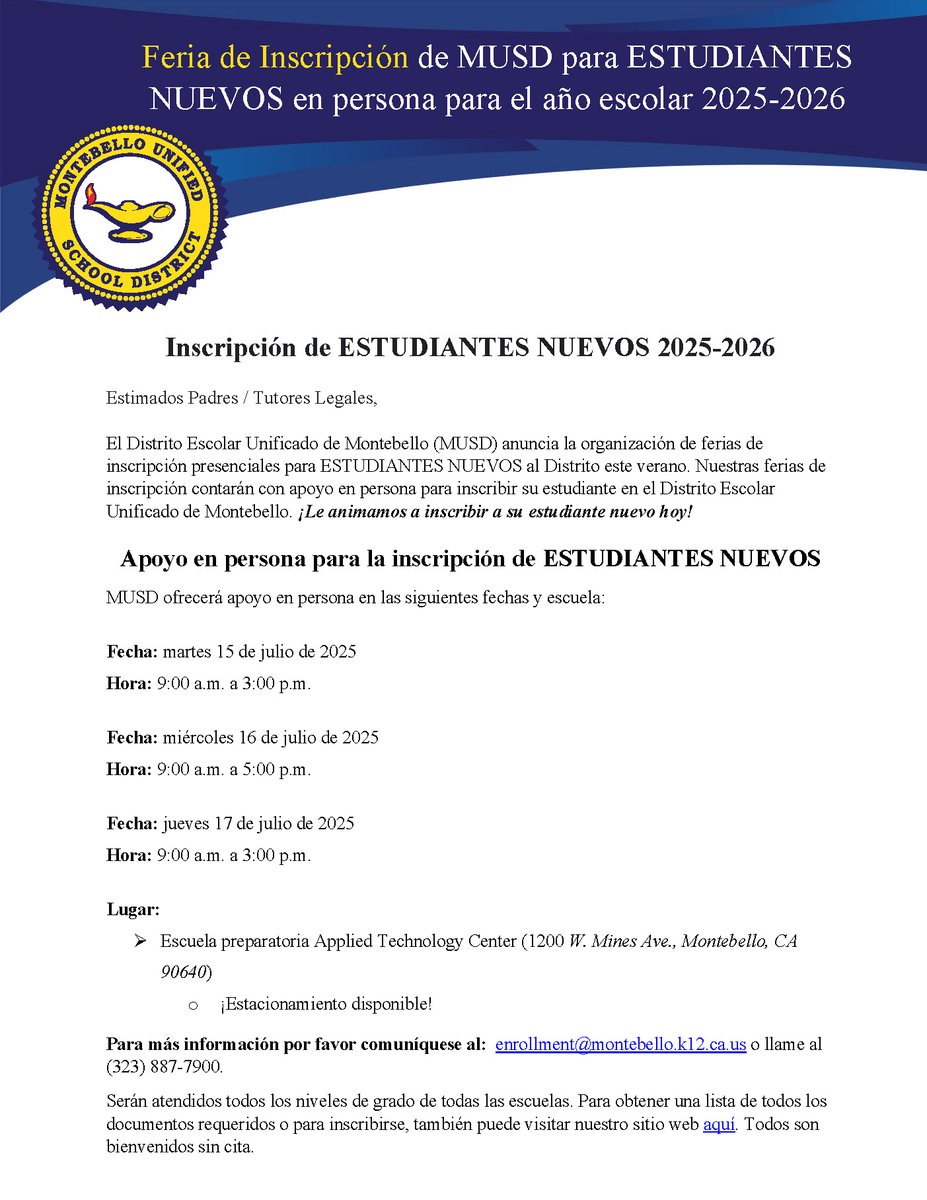 2025-2026 In-Person Enrollment Fairs for NEW STUDENTS! MUSD will host in-person enrollment fairs for NEW STUDENTS! Our enrollment fairs will feature in-person support for enrolling your NEW student in the Montebello Unified School District. More info here: 4.files.edl.io/75a2/07/09/25/…