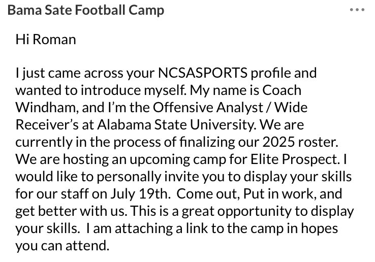 Roman Turner (@romanturner2028) on Twitter photo Extremely blessed and honored to receive a personal invitation from <a href="/CoachM_Windham/">Marcus Windham</a> to participate in <a href="/BamaStateFB/">Alabama State Football</a> Elite Prospect camp. #AGTG <a href="/CoachPatterson_/">Coach Bruce Patterson</a> <a href="/3dstrengthacad1/">3dstrengthacademy</a> <a href="/WCHSWildcatsFB/">Wesley Chapel Wildcats Football</a> <a href="/PrepRedzoneFL/">Prep Redzone Florida</a> <a href="/PascoCountyFB/">PascoCountyFB</a> <a href="/Andy_Villamarzo/">Andy Villamarzo</a> Extremely blessed and honored to receive a personal invitation from <a href="/CoachM_Windham/">Marcus Windham</a> to participate in <a href="/BamaStateFB/">Alabama State Football</a> Elite Prospect camp. #AGTG <a href="/CoachPatterson_/">Coach Bruce Patterson</a> <a href="/3dstrengthacad1/">3dstrengthacademy</a> <a href="/WCHSWildcatsFB/">Wesley Chapel Wildcats Football</a> <a href="/PrepRedzoneFL/">Prep Redzone Florida</a> <a href="/PascoCountyFB/">PascoCountyFB</a> <a href="/Andy_Villamarzo/">Andy Villamarzo</a>