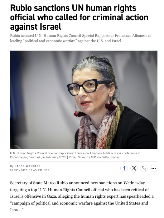 DrShushan's tweet image. Sanctioning a UN human rights official for working with the ICC is abhorrent, period. Yep, this is still true if you disapprove of her calling for the ICC to investigate corporate actors for allegedly profiteering from facilitating Israeli atrocities in Gaza.