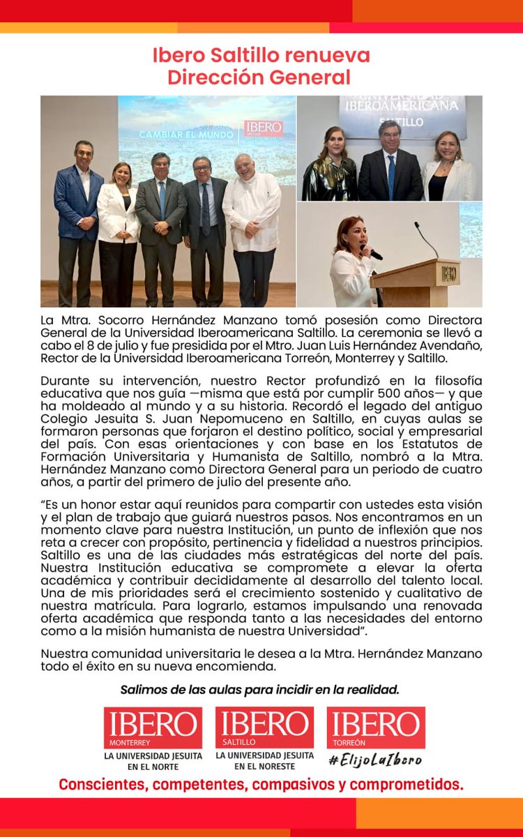 IberoMty's tweet photo. IBERO Saltillo inicia una nueva etapa con el nombramiento de su  Directora General, momento significativo en la vida institucional de nuestra comunidad hermana, reafirmando el compromiso compartido con la formación y el servicio desde la identidad ignaciana.

#SoyIbero https://t.co/RmRPkw8MTo