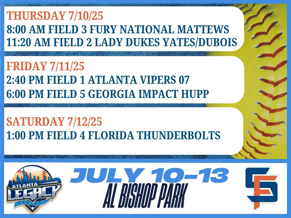 Schedule drop for Atlanta legacy this weekend. Excited for the tournament with my teammates. <a href="/SF_Patrick2026/">Southern Force Premier-18U</a> <a href="/DSCCSoftball/">Dyersburg State Softball</a> <a href="/LMU_Softball/">LMU Softball</a> <a href="/TTU_Softball/">Tennessee Tech Softball</a> <a href="/StetsonSoftball/">Stetson Softball</a> <a href="/BelmontSoftball/">Belmont Softball</a> <a href="/TNUsoftball/">Trevecca Softball 🥎 💜</a>