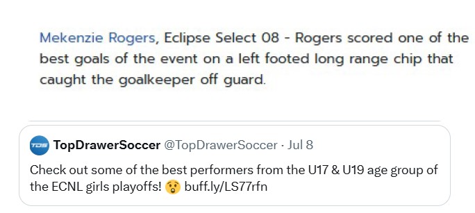 Mekenzie Rogers (@mekenzierogers1) on Twitter photo Thank you so much for the mention in this article🙏🏾<a href="/VicOlorunfemi10/">Victor Olorunfemi</a> <a href="/TopDrawerSoccer/">TopDrawerSoccer</a>
<a href="/EclipseSelectSC/">Eclipse Select SC</a> <a href="/ECNLgirls/">ECNL Girls</a> <a href="/PrepSoccer/">Prep Soccer ⚽️</a> <a href="/TheSoccerWire/">SoccerWire</a> <a href="/ImYouthSoccer/">ECNL/GA/Recruiting/College Soccer</a> <a href="/ImYouthSoccer/">ECNL/GA/Recruiting/College Soccer</a> Thank you so much for the mention in this article🙏🏾<a href="/VicOlorunfemi10/">Victor Olorunfemi</a> <a href="/TopDrawerSoccer/">TopDrawerSoccer</a>
<a href="/EclipseSelectSC/">Eclipse Select SC</a> <a href="/ECNLgirls/">ECNL Girls</a> <a href="/PrepSoccer/">Prep Soccer ⚽️</a> <a href="/TheSoccerWire/">SoccerWire</a> <a href="/ImYouthSoccer/">ECNL/GA/Recruiting/College Soccer</a> <a href="/ImYouthSoccer/">ECNL/GA/Recruiting/College Soccer</a>