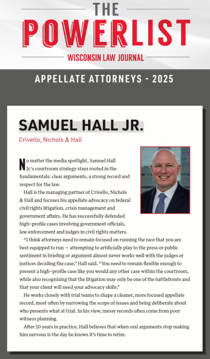 CrivelloLaw's tweet photo. We are proud to announce that Attorney Sam Hall has been selected to the Wisconsin Law Journal's 2025 Powerlist for Appellate Attorneys! The Powerlist honors attorneys who have made a significant impact in their practice area. Congrats to all the honorees! https://t.co/JSu8FSrtam