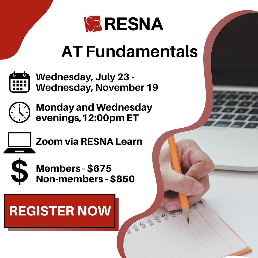 Looking to deepen your assistive tech knowledge? Join RESNA’s 4-week AT Fundamentals Course—led by a RESNA-authorized instructor and ATP. Includes group discussions, quizzes, and a practice exam. RESNA members save up to $275! Register: resna.org/Events/AT-Fund…