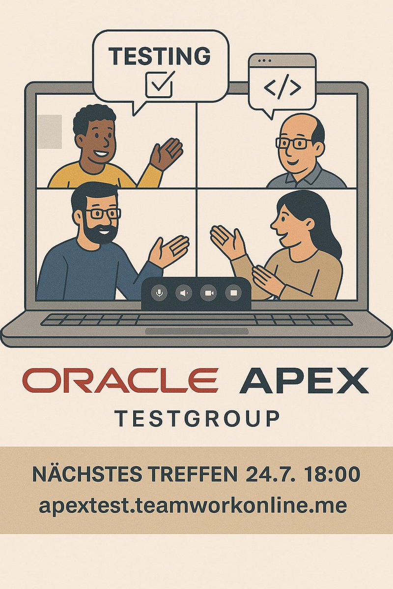 Medinchen1's tweet photo. From APEX Connect to reality: Start der Oracle APEX Testgruppe mit Marko  https://t.co/a9hgPaJlVW  und  Fabian: https://t.co/em44pzHkPS .  Kein Marketing, nur ehrlicher Austausch und interessante Themen rund um (automatisiertes) Testen.   #orclapex #PLSQL #SQL #LowCode https://t.co/iQuGF8Ze8A