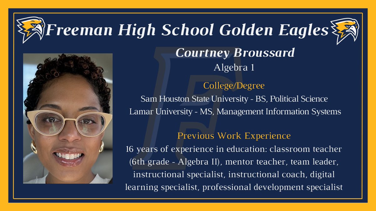 Jacqueline Cordova Vela (@jcordovamath) on Twitter photo Meet our newest variable in the equation for success: Courtney Broussard!
Shens here to graph greatness, simplify challenges, and square away student success. Weโre positive this year will be full of solutions! <a href="/GoldenFHSEagles/">Freeman High School</a> Meet our newest variable in the equation for success: Courtney Broussard!
Shens here to graph greatness, simplify challenges, and square away student success. Weโre positive this year will be full of solutions! <a href="/GoldenFHSEagles/">Freeman High School</a>