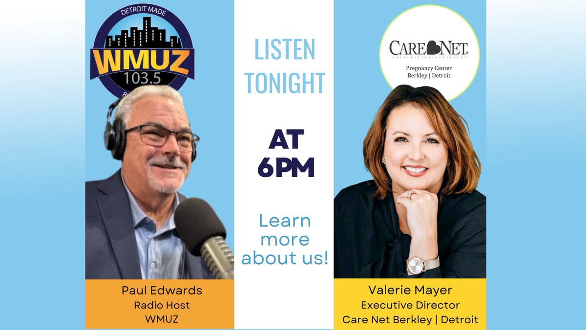 CareNetBerkDet's tweet photo. Don't miss it! Listen tonight to an interview with Valerie, our Executive Director on WMUZ as she shares about Care Net Berkley | Detroit and our upcoming Walk For Life! To register, go to https://t.co/MxVTQa88CZ. https://t.co/xdAEDSHW86