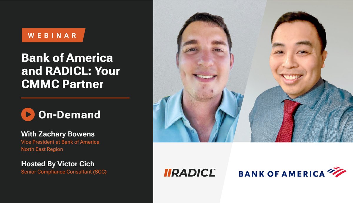 RADICL (@radicl_xtp) on Twitter photo CMMC compliance isn’t just about contracts—it could impact your financing. 🏦
Watch our on-demand webinar with <a href="/BankofAmerica/">Bank of America</a> + RADICL to learn how to stay compliant, protect revenue, and secure future funding.
▶️ radicl.com/boa_cmmc_webin…
#CMMC #Cybersecurity #DIB #Compliance CMMC compliance isn’t just about contracts—it could impact your financing. 🏦
Watch our on-demand webinar with <a href="/BankofAmerica/">Bank of America</a> + RADICL to learn how to stay compliant, protect revenue, and secure future funding.
▶️ radicl.com/boa_cmmc_webin…
#CMMC #Cybersecurity #DIB #Compliance