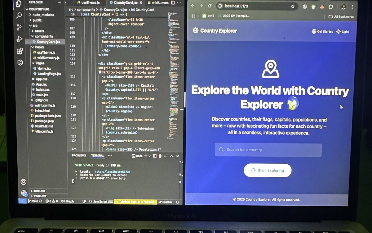 OperaFaboyinde's tweet photo. Day 3 of #30DaysOf30Apps β
πΊοΈβ¨ Todayβs app: Country Explorer
Wanna know the capital of Laos or the flag of Namibia?
Explore countries in light or dark mode β your vibe, your choice πβοΈ
#30Days30Apps #30Days #BUILDwithDLTAfrica https://t.co/OZ1QKKOOef