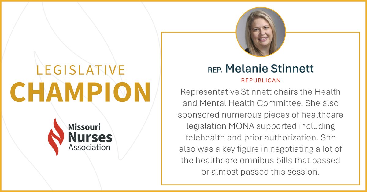 MONA is proud to name Rep. Melanie Stinnett (<a href="/MStinnettSWMO/">Melanie Stinnett</a>) a Legislative Champion for Missouri nurses! Your support this session made a real impact on nurses and the patients we serve.