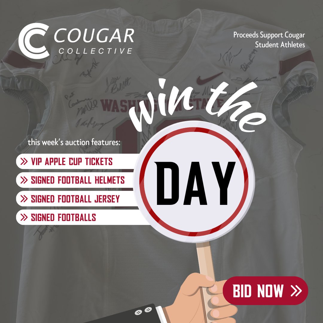 Cougar Collective (@cougcollective) on Twitter photo Our latest #WinTheDay auction drop is LIVE! 🚨
Bid now on signed football gear, memorabilia, and some VIP Apple Cup tickets to watch the game from the Jack Thompson Gray W Legends Lounge 👀🏈
Closes this Sunday, 7/13 at 6PM PT. Don’t miss your chance to support WSU Our latest #WinTheDay auction drop is LIVE! 🚨
Bid now on signed football gear, memorabilia, and some VIP Apple Cup tickets to watch the game from the Jack Thompson Gray W Legends Lounge 👀🏈
Closes this Sunday, 7/13 at 6PM PT. Don’t miss your chance to support WSU