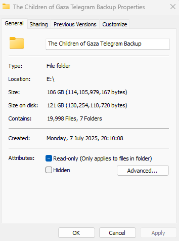There is a channel on telegram called 'The Children of Gaza', it is run by a dying man who has made it his mission to document the suffering of children in this genocide. Here is a link to 100GB archive of that channel: 

It includes: 

11,718 images 
8263 videos 
11 HTML files