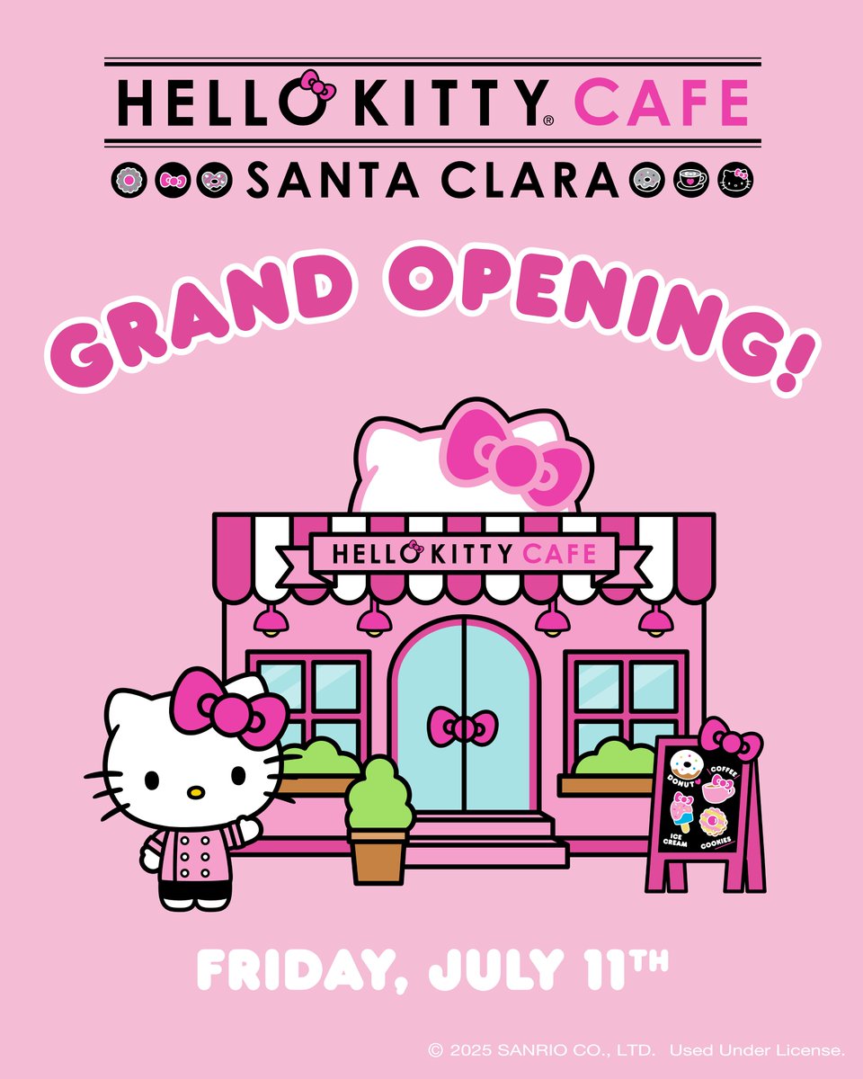 Hello Kitty Cafe Santa Clara opens Friday, July 11! 🎀

Friday-Sunday:
🎀 First 50 purchases: FREE strawberry lemonade! 🍓🍋
🎀 First 100 purchases: Hello Kitty keepsake! 💫
🎀 Meet &amp; Greet w/ Hello Kitty from 10am-2pm