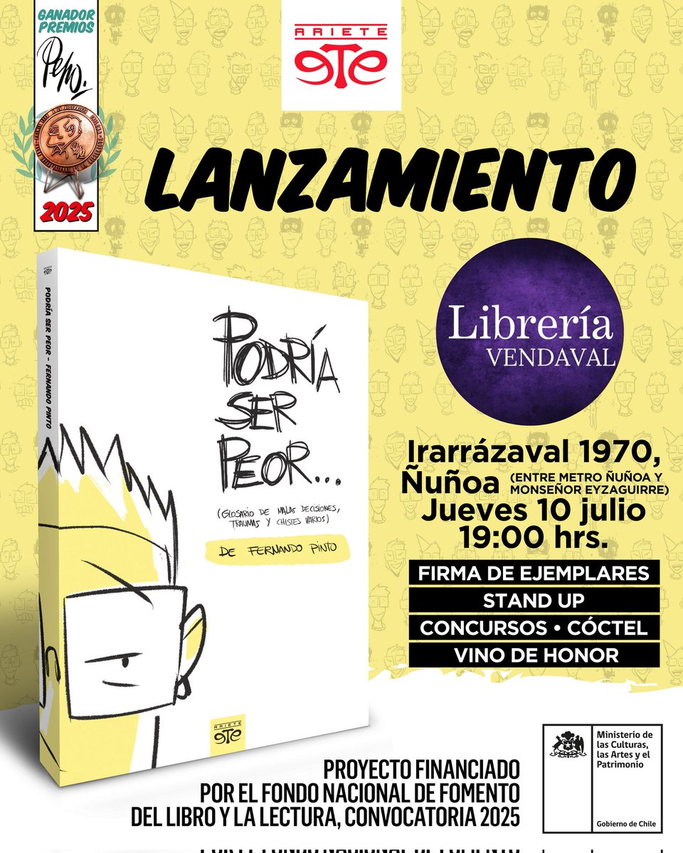 Fernando Pinto lanza este jueves 10 en Librería Vendaval el libro de su premiado webcómic “Podría ser peor”

cuartomundo.cl/2025/07/09/pre…