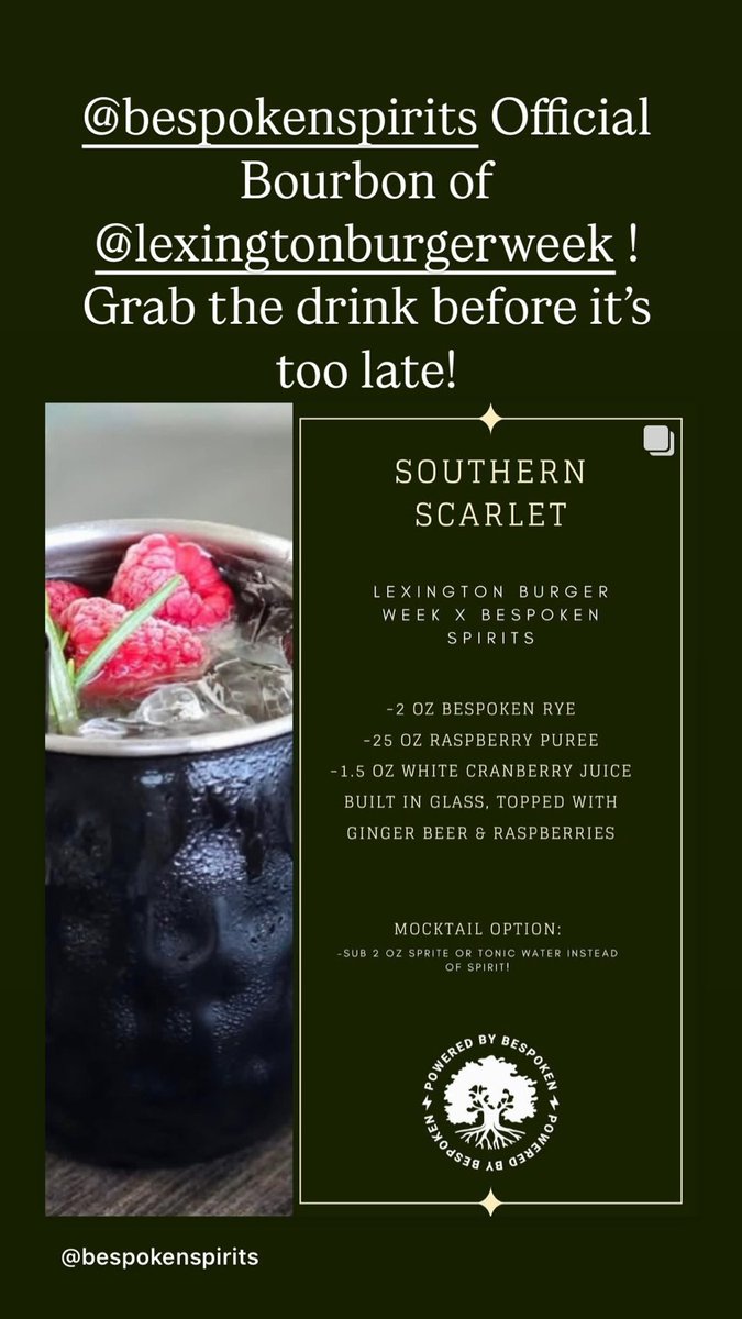 Don’t forget to visit us <a href="/bespokenspirits/">bespokenspirits</a> to get your Digital Passport Stamped✨

Our Southern Scarlet is a Delicious and Bright cocktail for @lexingtonburgerweek