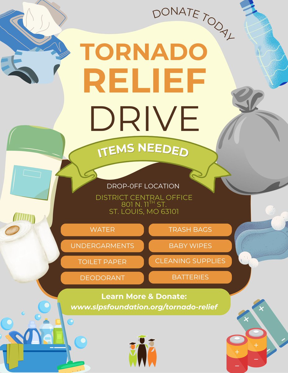 StlEdFund's tweet image. Join us in supporting the District’s recovery and rebuilding efforts from the 5/16 tornado.

You can donate these items and other basic need materials through our Wishlist at a.co/4HZVm5U.

To learn more about our relief efforts, visit slpsfoundation.org/tornado-relief