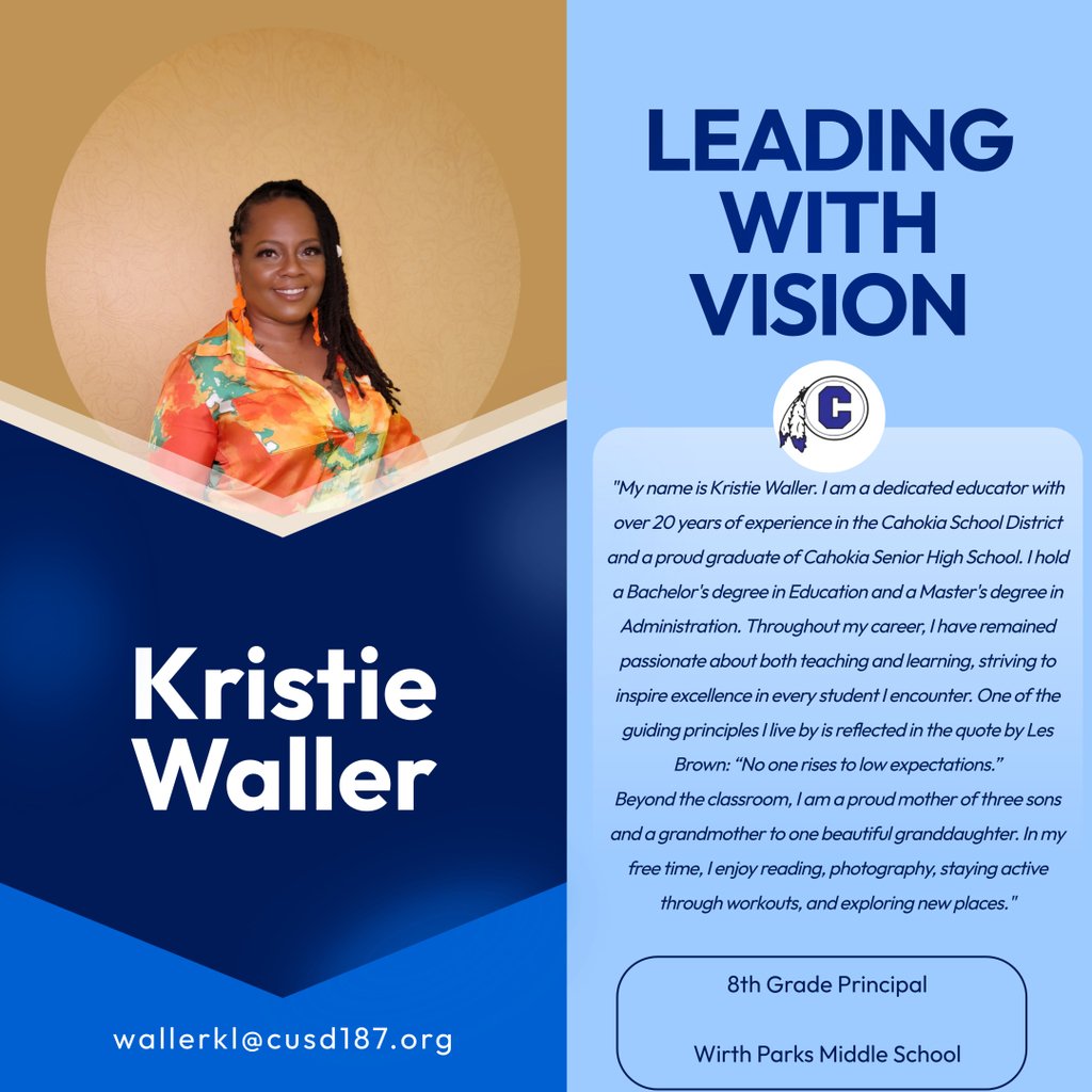 Greetings District #187,

Please join us in warmly welcoming Ms. Kristie Waller as the new 8th-grade Principal of WPMS for the 2025–2026 school year. We are excited to have her leadership and vision guiding our school community!