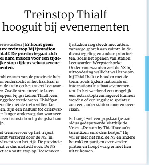 Goed nieuws voor schaatsfans en Thialf-bezoekers 🚆⛸️
Na jarenlange inzet van @pvda_heerenveen en @PvdAFryslan lijkt een treinhalte bij <a href="/Thialf/">Thialf</a> tijdens grote evenementen eindelijk dichterbij te komen. Een structurele stop blijft lastig, maar tijdelijke stops zijn in beeld. We