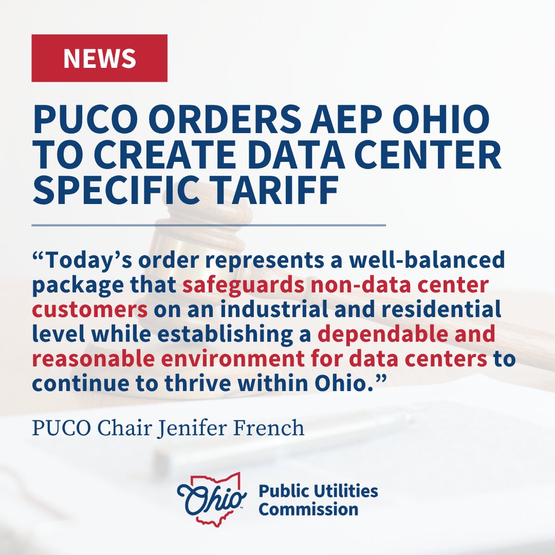 PUCOhio's tweet image. Today, the PUCO ordered @AEPOhio to file new tariffs applying to data centers. In addition, the utility must lift its moratorium on connecting new data centers as soon as possible.
Read the news release for more information: puco.ohio.gov/news/puco-orde…