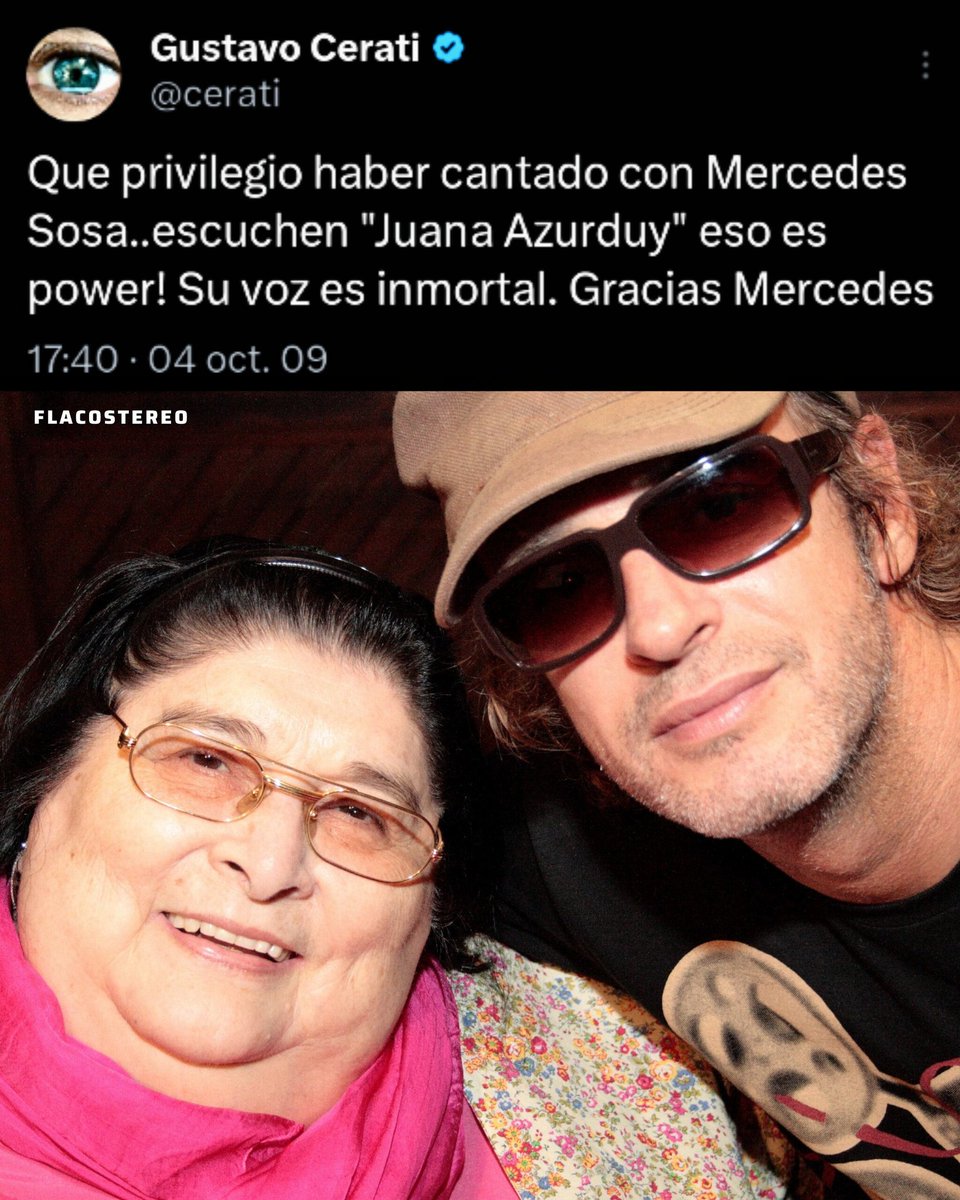Feliz cumpleaños Mercedes Sosa🇦🇷🎶💕
"Esta es mi recompensa", escribió Gustavo Cerati a Mercedes, su "mamá voz", en agradecimiento por la oportunidad de cantar juntos. La recompensa de nosotros es escucharlos! Gracias, siempre!