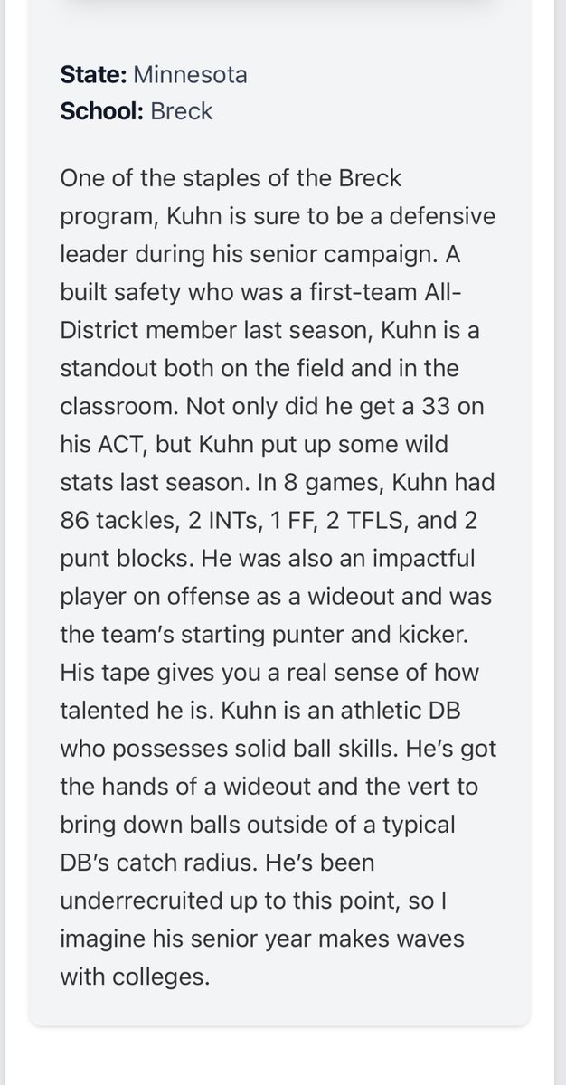 Thank you <a href="/PrepRedzoneMN/">Prep Redzone Minnesota</a> and <a href="/MNFBSpotlight/">MNFootballSpotlight</a> for the write up! Can’t wait for senior season!