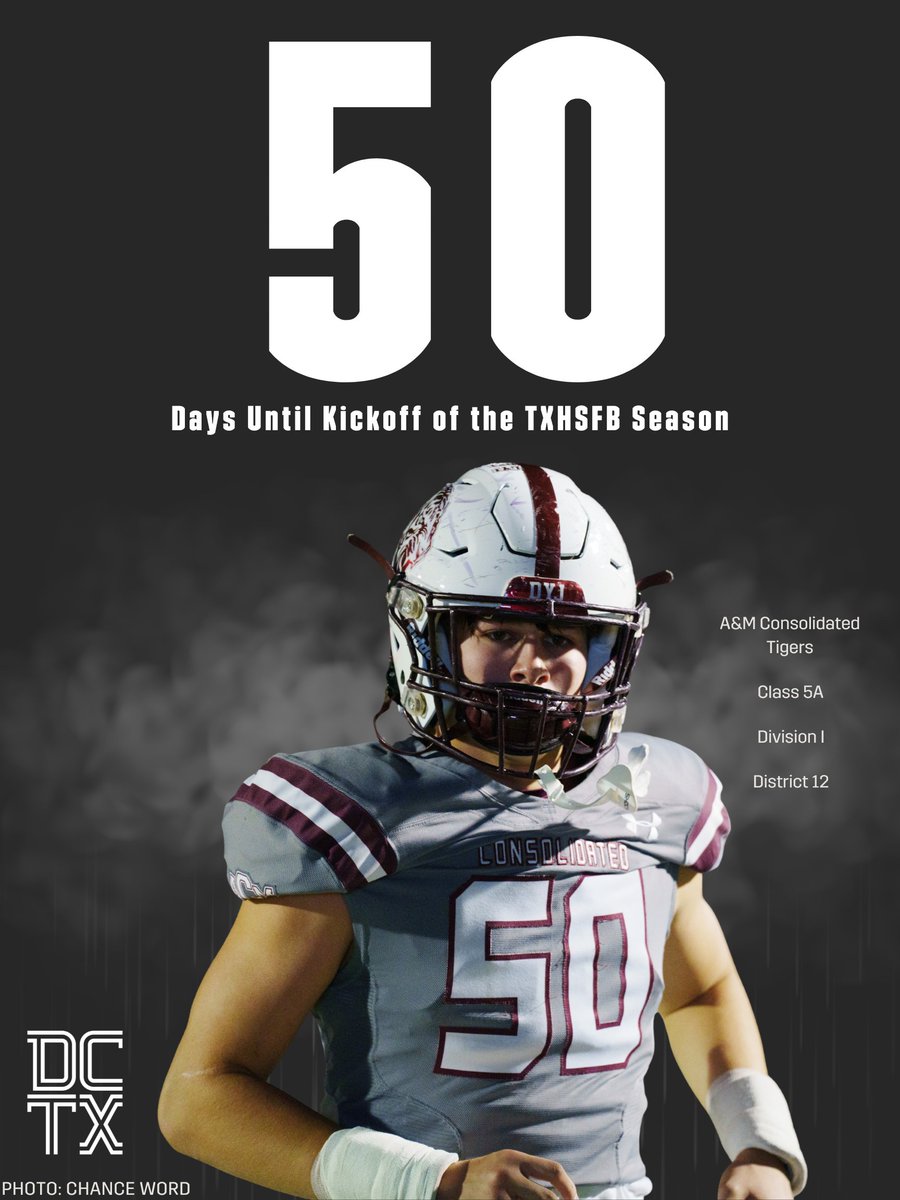 COUNTDOWN TO KICKOFF!

With 50 days until the start of the 2025 #TXHSFB season, the <a href="/ConsolFootball/">A&M Consolidated Football</a> Tigers get us started.

Let us know if you're ready for the season. 🫵

#DCTX #TexasFootball #Texas #Football #CollegeStation #Countdown #Kickoff