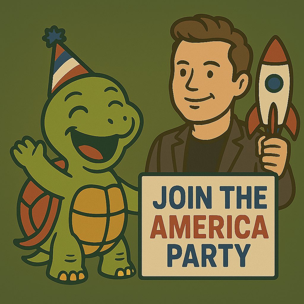 SLOMOTheTurtle's tweet image. SLOMO stands with @elonmusk for the America Party🇺🇸

#SLOMO #TurtleToken #ElonMusk #AmericaParty #memecoin #crypto #Trending #100xmemecoin